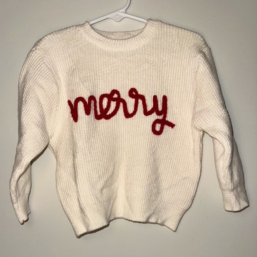 Cream Ribbed Sweater with Red 'Merry' Embroidery